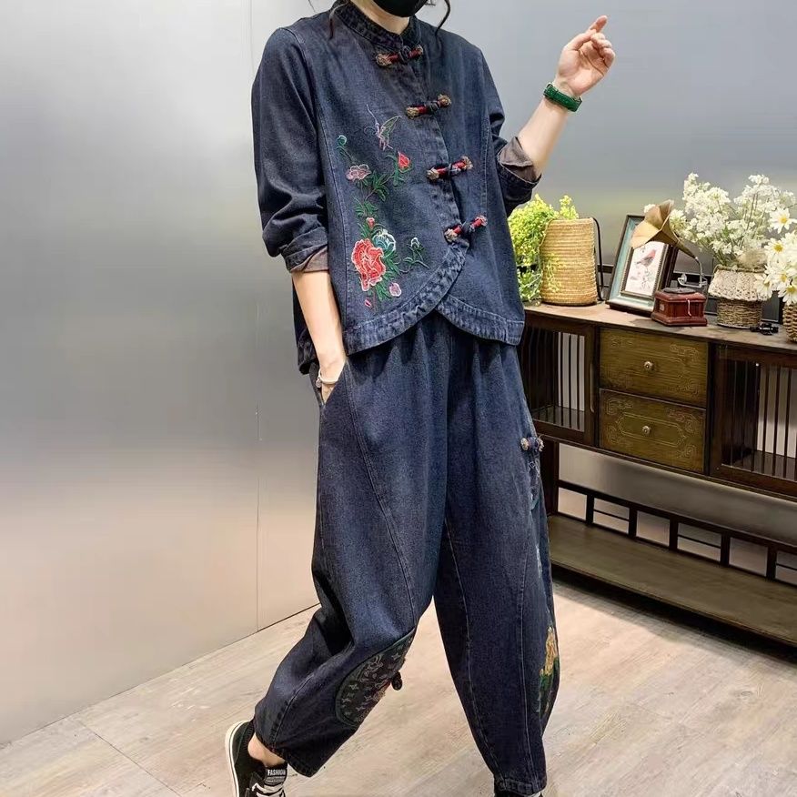 خمر زر فضفاض مطرز زهرة الدنيم  - مراجعة Embroidery Jeans وسعره