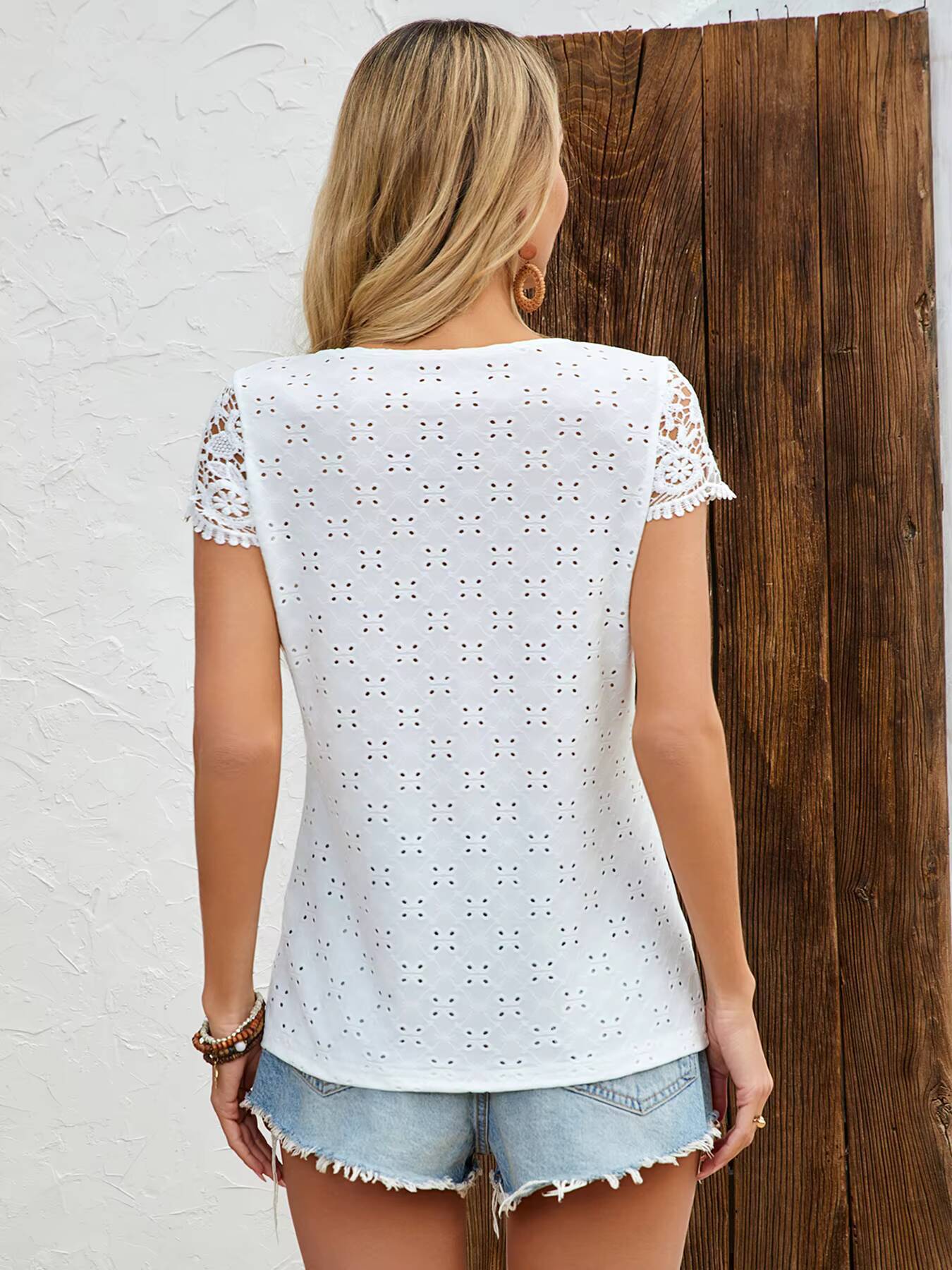 تي شيرت نسائي أبيض للربيع والص - مراجعة Embroidery Eyelet وسعره