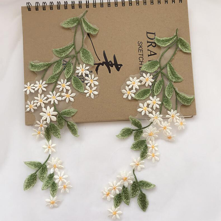 1Pairs الورقة الخضراء زهرة الأ - مراجعة Embroidery Daisy Flower وسعره